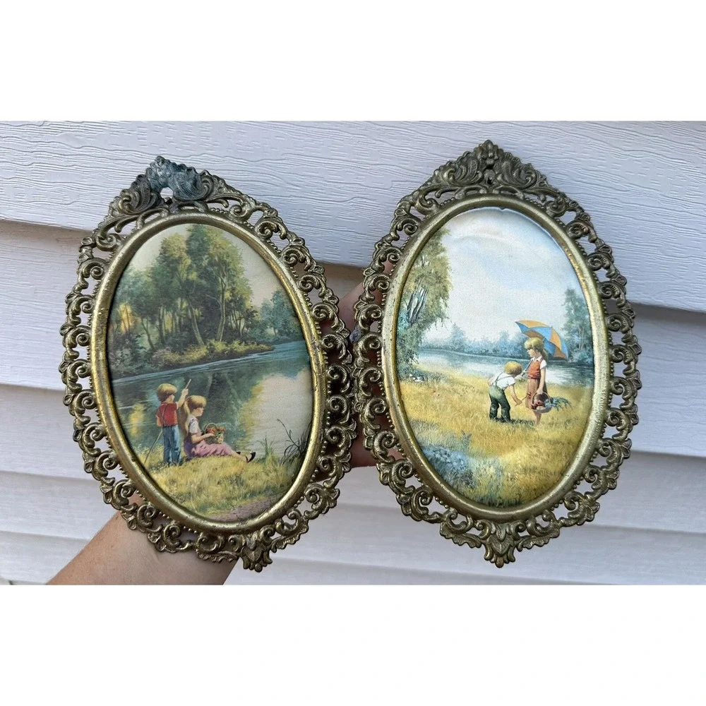 Vintage Victorian Brass Oval Ornate‎ Picture Frames Silk Children Outdoors X2